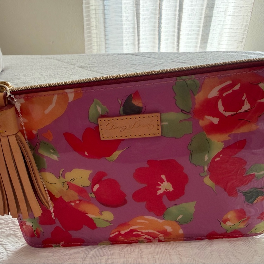 Dooney & Bourke Floral Pink and Red clear coated Women's wristlet. Large